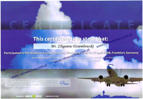 COMPART Zbigniew Dziembowski Centrum Sprzętu Ratowniczego - Certificate FRAPORT Frankfurt Aircraft Recovery (www.ratownictwo.com.pl)