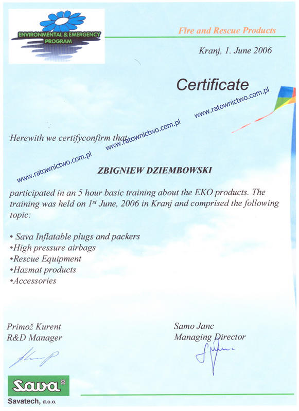 COMPART Zbigniew Dziembowski Centrum Sprzętu Ratowniczego - Certificate Savatech Training SAVA EKO Products (www.ratownictwo.com.pl)