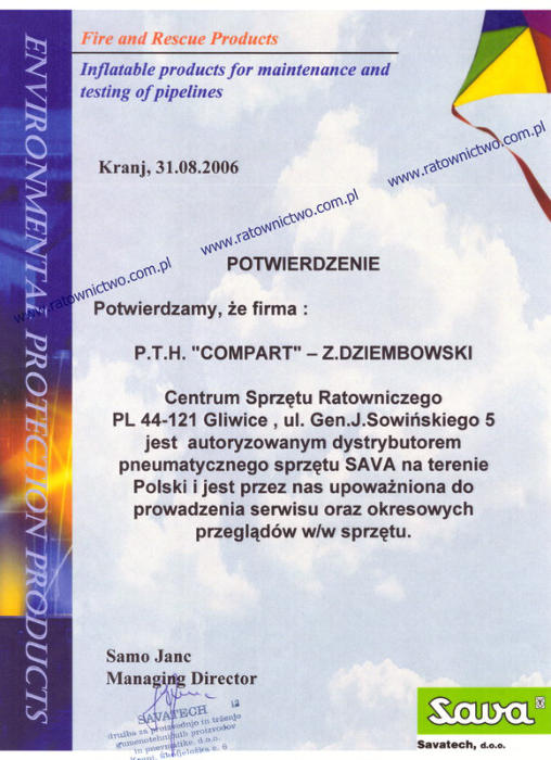 COMPART Zbigniew Dziembowski Centrum Sprzętu Ratowniczego - Potwierdzenie SAVA 08 Savatech (www.ratownictwo.com.pl)