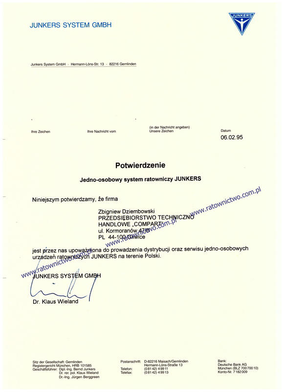 COMPART Zbigniew Dziembowski Centrum Sprzętu Ratowniczego - Potwierdzenie JUNKERS System (www.ratownictwo.com.pl)