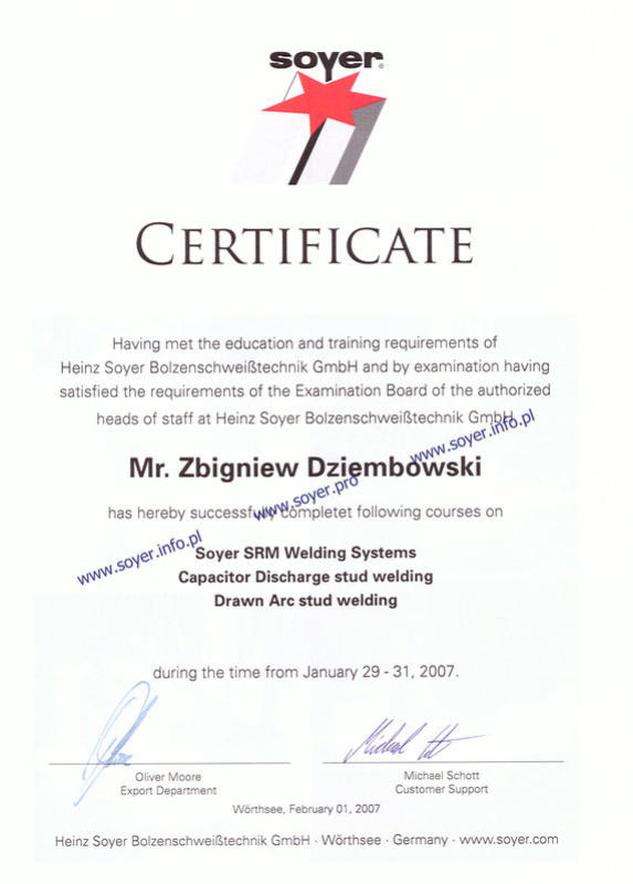 COMPART Zbigniew Dziembowski - Certificate Stud Welding Technology SRM CD DA (www.soyer.info.pl - www.soyer.pro)