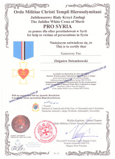 COMPART Zbigniew Dziembowski Centrum Sprzętu Ratowniczego - OMCTH The Jubilee White Cross of Merit PRO SYRIA (www.ratownictwo.com.pl)