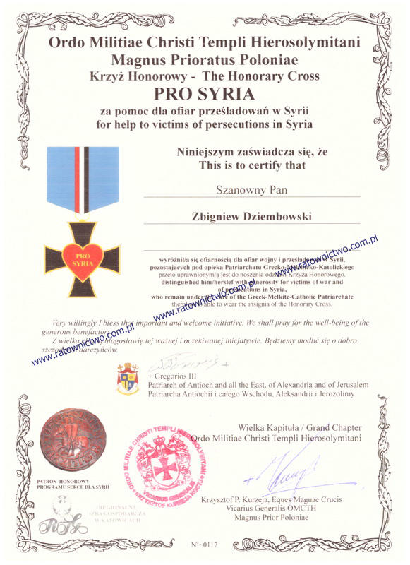 COMPART Zbigniew Dziembowski Centrum Sprzętu Ratowniczego - OMCTH The Honorary Cross of Merit PRO SYRIA (www.ratownictwo.com.pl)